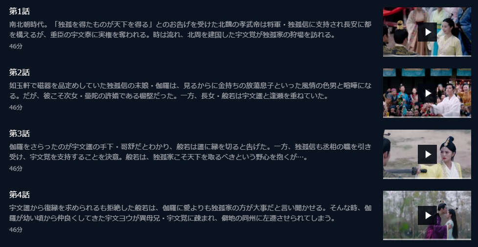 独孤伽羅～皇后の願い～　U-NEXT　話数